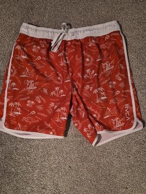 RVCA Men’s Red Swim Trunks with White Tropical Print